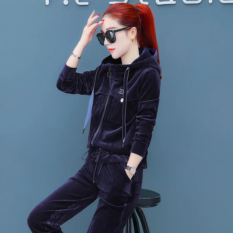 Женский вельветовый костюм с широкими штанинами осенний Новый Модный свитшот