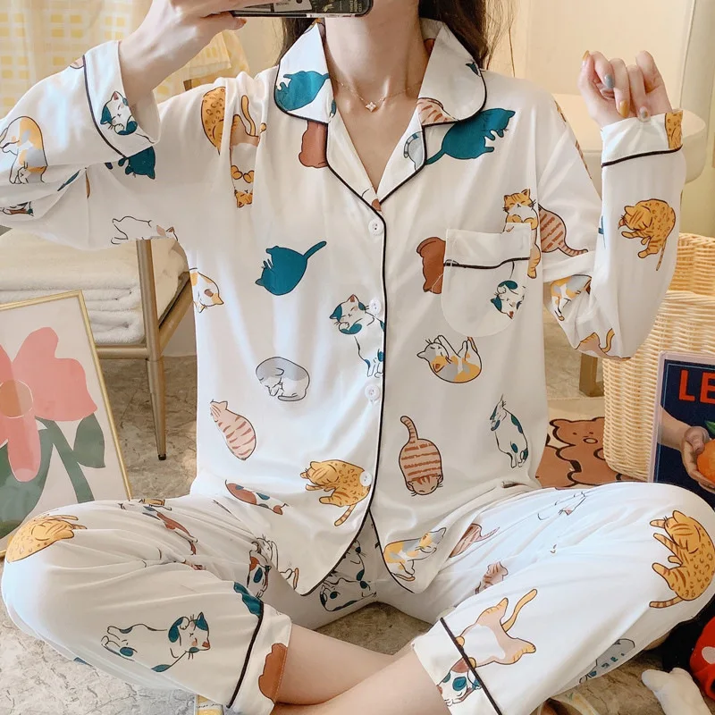 Milk Silk Pajamas Women's Suit Ladies Thin Two-piece Long-sleeved Pajamas Home Clothing Fashion Cute Student Pajamas Robe Sets