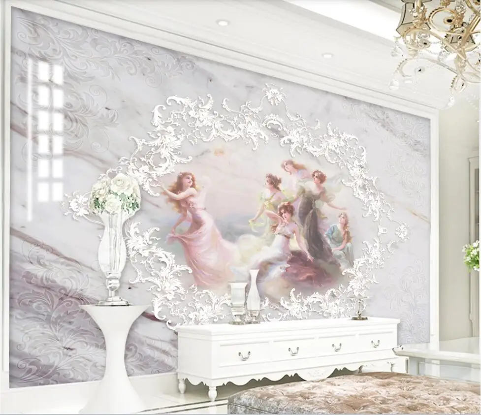 Large custom mural wallpaper angel girl jazz white marble European background wall | Обустройство дома