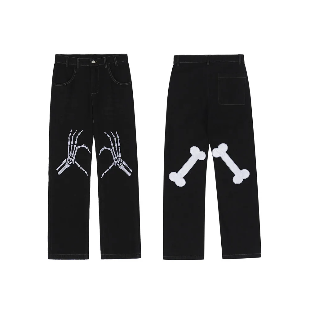 2021 Dark Streetwear Skeleton Embroidery Punk Men Loose Jeans Trousers Cotton Black Straight Denim Pants For Teens Ropa Hombre