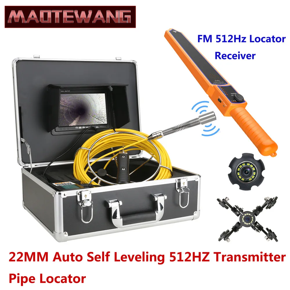 

7" Monitor Sewer Pipe Inspection Video Camera with Auto Self Leveling 512HZ Pipe Locator 22MM IP68 HD 1000TVL Camera 12PCS LED