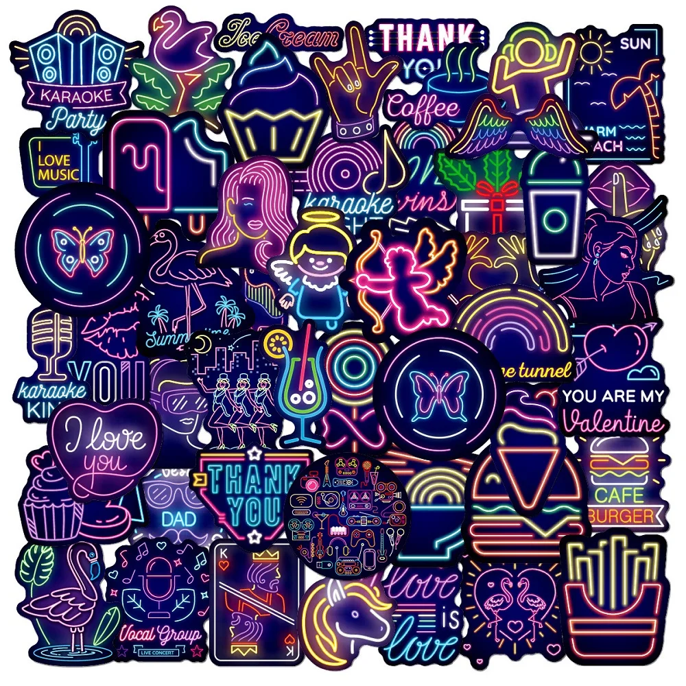 

50PCS Cartoon Stickers Anime Anima Neon Light Sticker Gifts Toys Cute Decals Stickers To Laptop Phone Suitcase Guitar Fridge Car