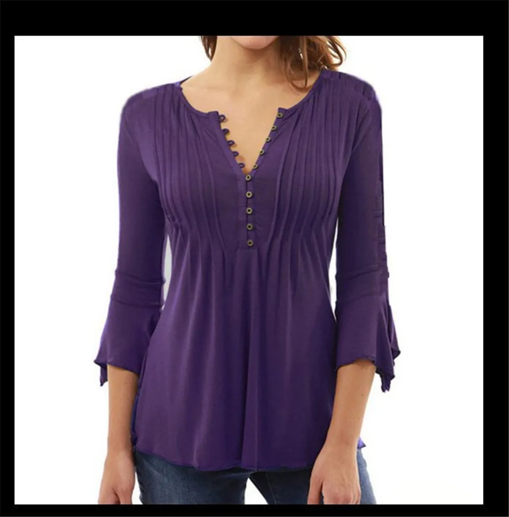 

Woman Tshirts Solid Color Button Flare Sleeve Pleated Tops Loose Inside Plus Size Clothing
