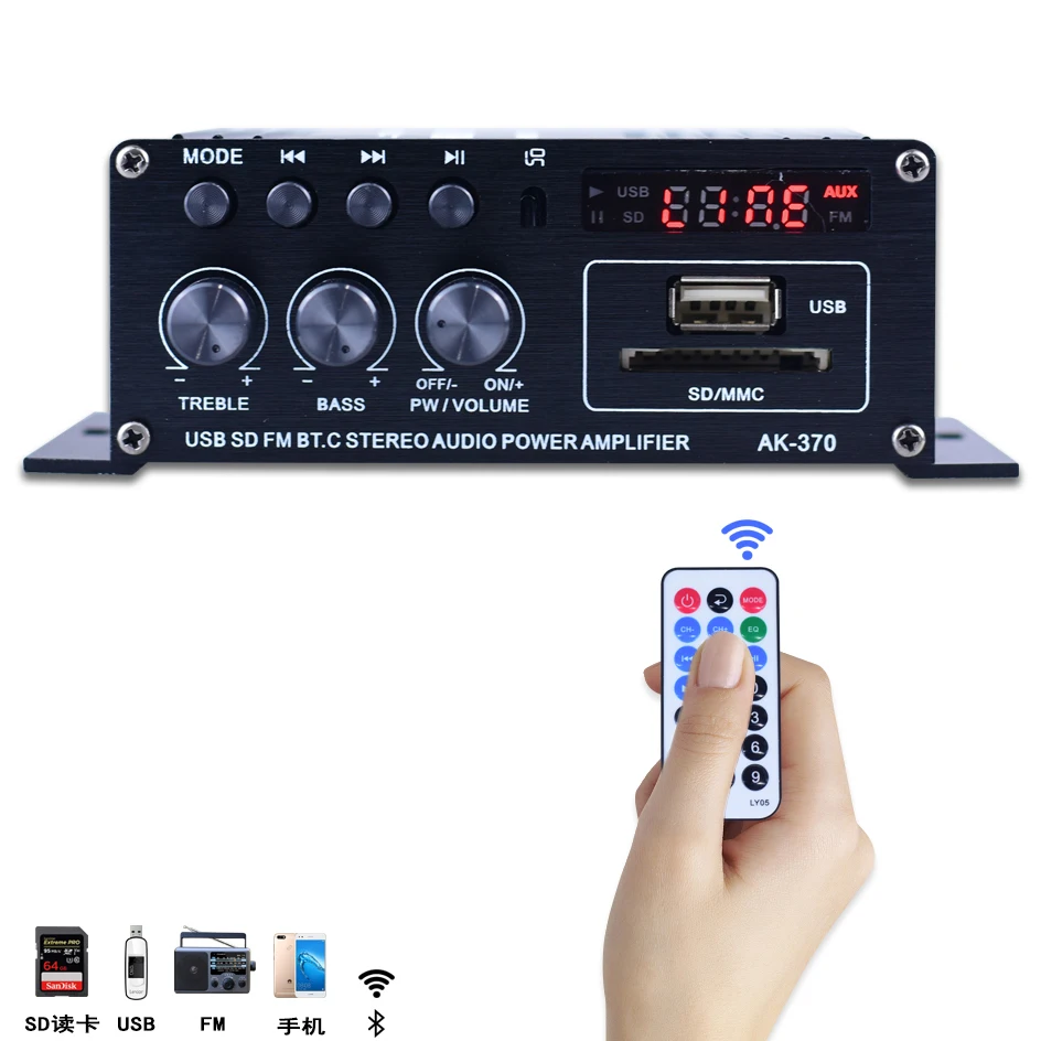

Мини усилитель мощности аудио AK370 BT цифровой аудиоресивер AMP USB слот для карты памяти MP3-плеер FM-радио с дистанционным управлением