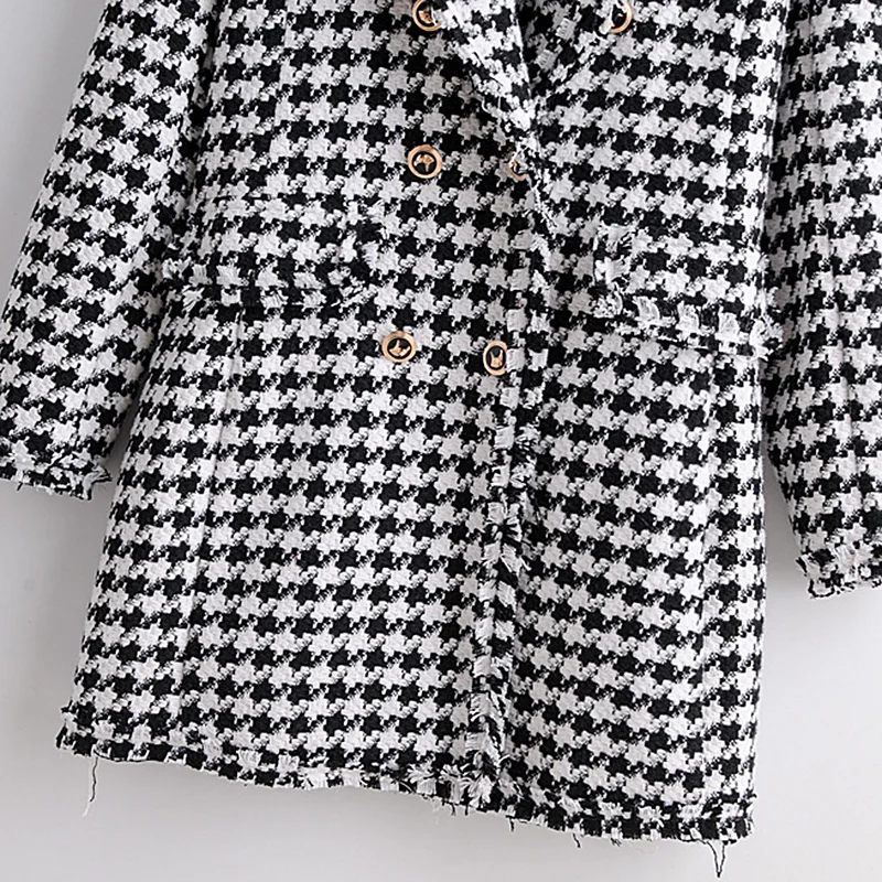 Женский твидовый блейзер в клетку винтажный стильный длинный пиджак с зубчатым