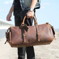 vintage luxury natural crazy horse cowhide mens travel bag weekend handbag genuine leather womens shoulder luggage bag