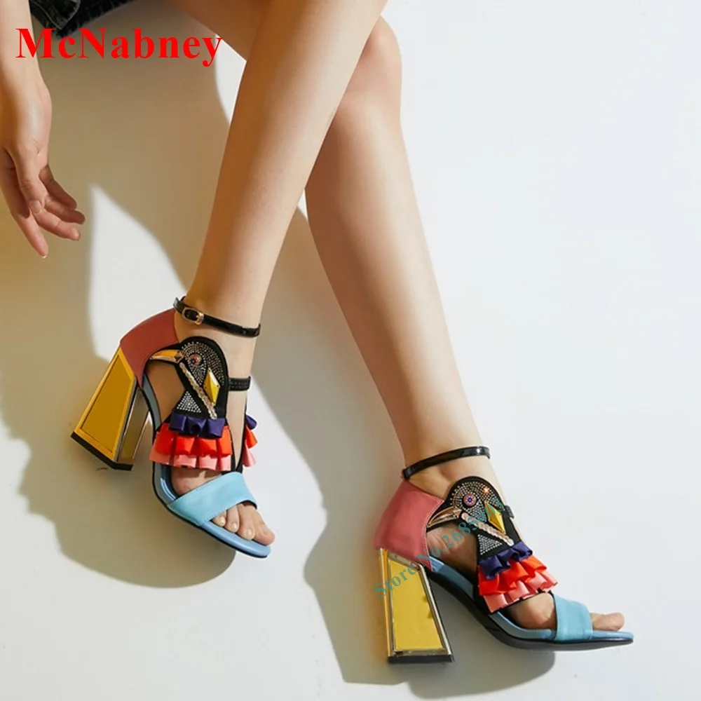 

New Designer Chunky High Heel Sandals Ruffles Bird Decor Party Bling Rhinestone Open Toe Ankle Buckles Novelty Sandalias Summer