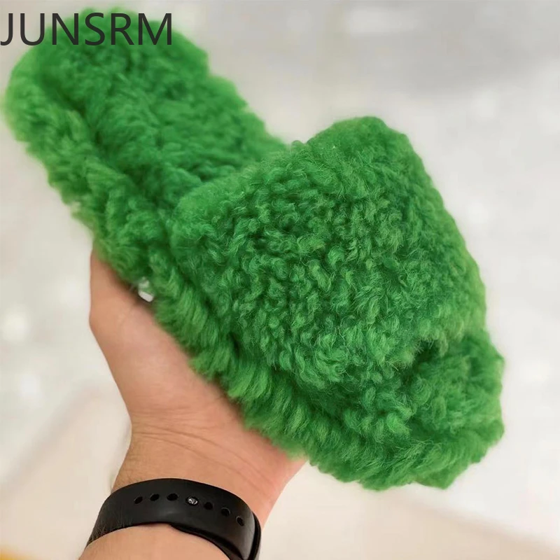 

Green Flat Thick Sole Furry Slippers Women Open Toe Wool Slippers Outside Wear Spring Comfort Vacation Shoes Lazy Mules Female