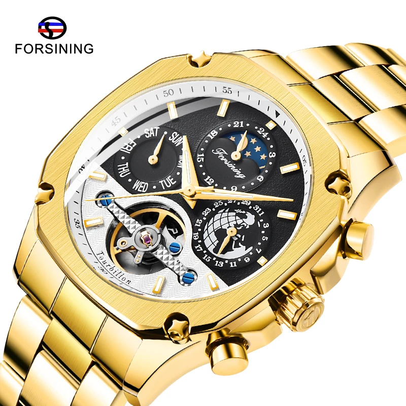 FORINING брендовые модные автоматические механические часы мужские часы Moon phase Tourbillon часы для мужчин s подарки часы Relogio Masculino