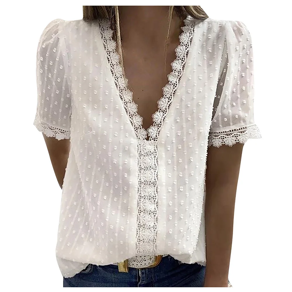

Summer Women Blouses Chiffon Elegant Solid Color V Neck Short Sleeve Blouse Sexy Hollow Out Lace Ladies Casual Shirts Woman Tops