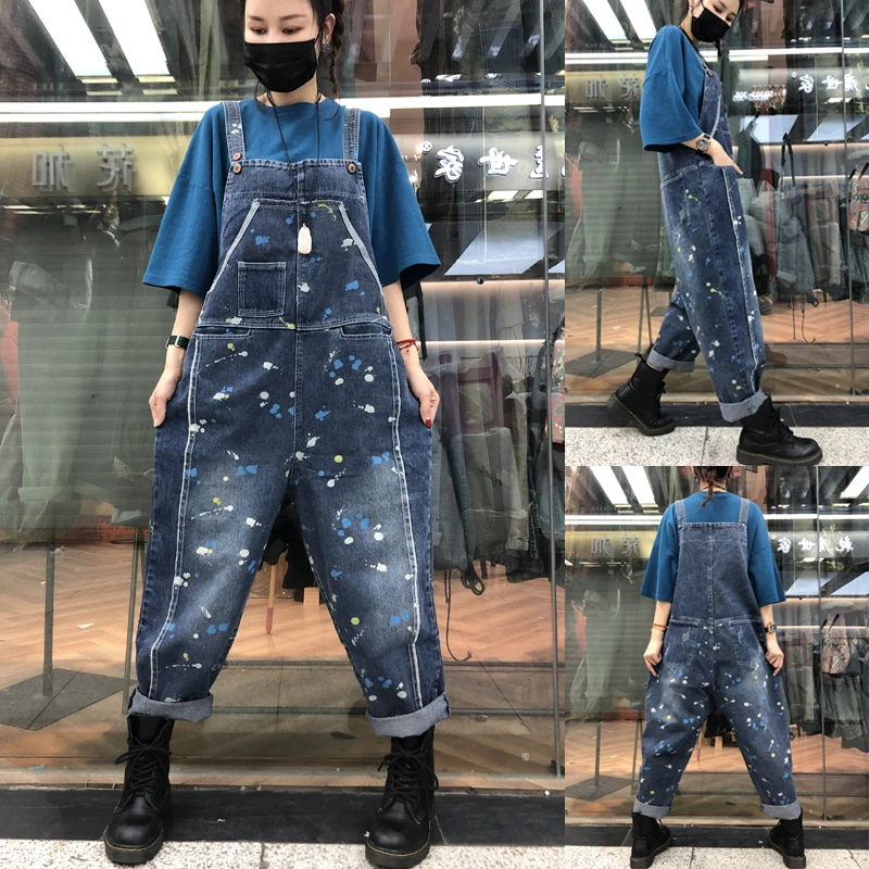 Женский джинсовый комбинезон с широкими штанинами Свободные Комбинезоны