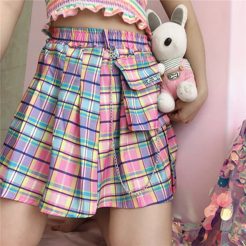 

High Waist A Line Rainbow Korean Japanese style Skirts Harajuku Plaid Skirts Women Pleated Mini Skirts College style Mini skirts