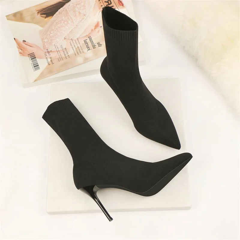 

Wool Women's thin heel pointed high heel short boots elastic middle sleeve boots autumn and winter show thin large size 7cm