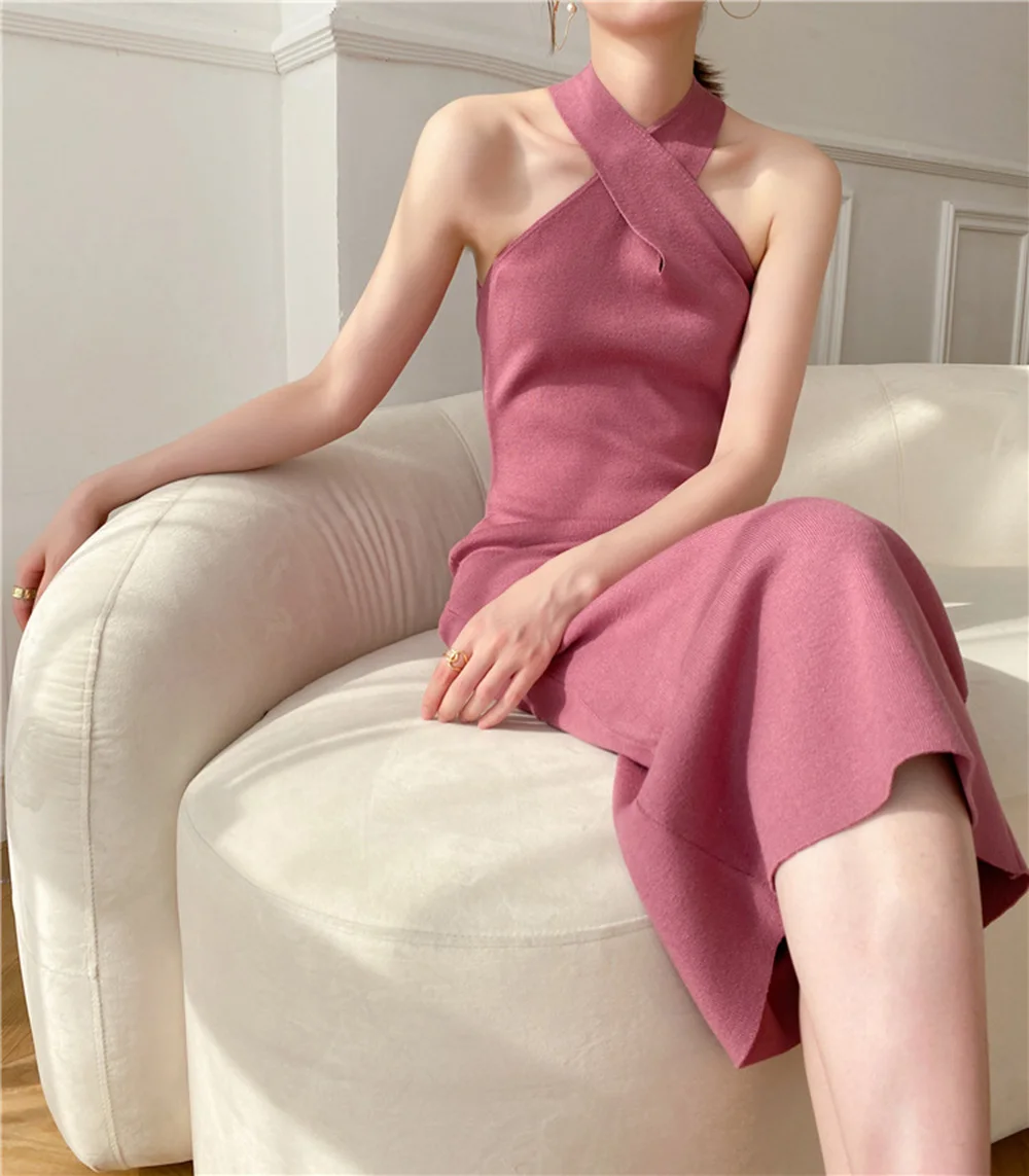 

#121 Elegant Cross Halter Sweater Dress Vintage Off Shoulder Skinny Party Dresses Solid Mid-Length Women's Knitted Dress 2021