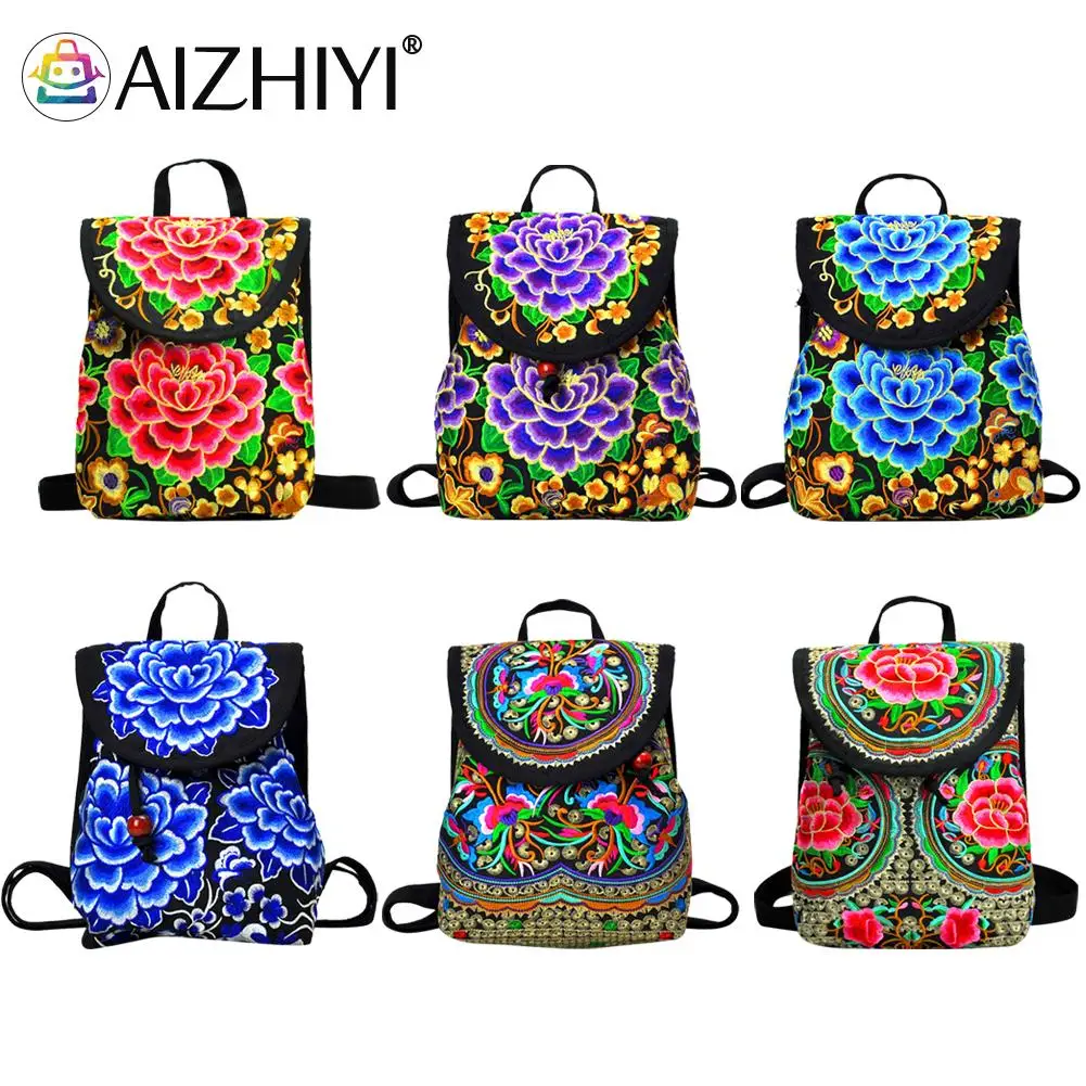 

Women Ethnic Style Flower Embroidered Canvas Backpack Ladies Vintage Large Capacity Handbags Travel Knapsacks Classical Elegance