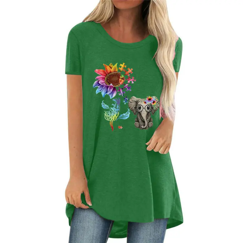 

Summer Fashion Long t Shirt Womens Clothing Floral Print Ladies Top Round Neck Women's T-Shirt Short Sleeve Tops Female 2021
