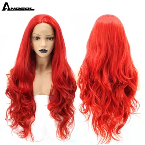 ANOGOL 28'' Red Long Body Wave Hair Wigs Heat Resistant Synthetic 13*1 Lace Front Wigsr for Hollywood Women Party