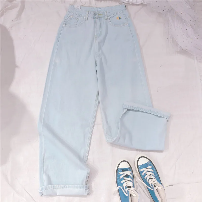 Японские Женские джинсы брюки для девочек с высокой талией Свободные