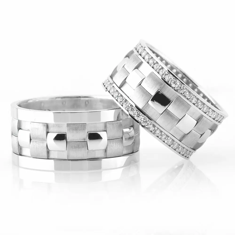 

Checkered Design Gray Color 925 Sterling Silver Couple Wedding Rings