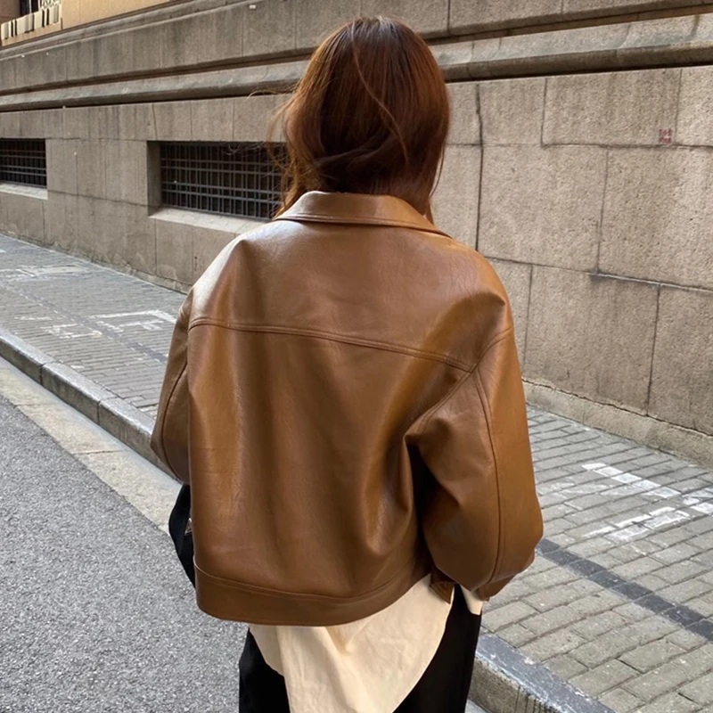 

New Spring Women Faux Leather Short Jacket Loose Turn-down Collar Vintage Street Outerwear Female Elegant Pu Leather Jackets
