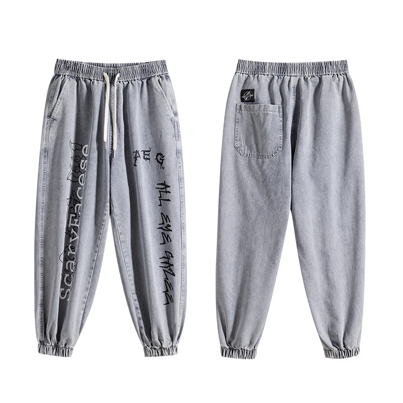 Men's jeans spring letter printing baggy Hip hop jeans men cargo pants Streetwear Cartoon Graffiti Drawstring Denim trousers men