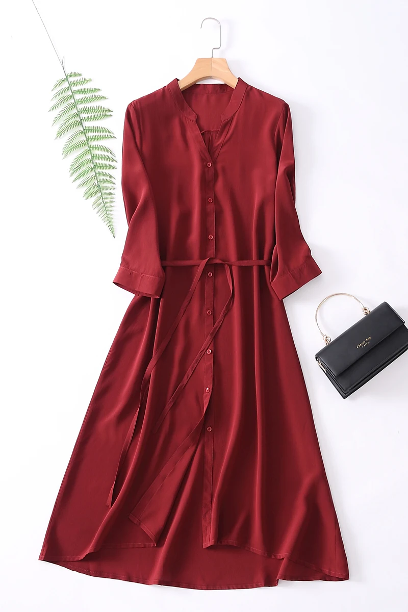 Burgundy Новое Настоящее платье из 100 шелка, женское платье из натурального шелка высокого качества, элегантное ТРАПЕЦИЕВИДНОЕ длинное летнее красное свободное платье для девушек - Color: Burgundy