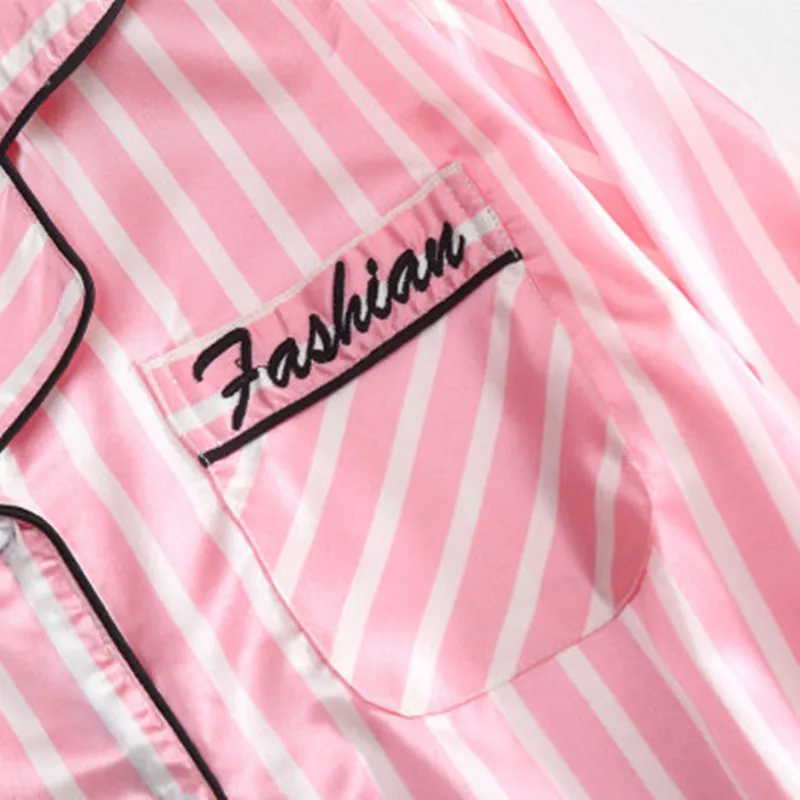 2020 Band Pink Women's 7 Pieces Pajamas Sets Emulation Silk Striped Pyjama Women Sleepwear Sets Spring Summer Autumn Homewear