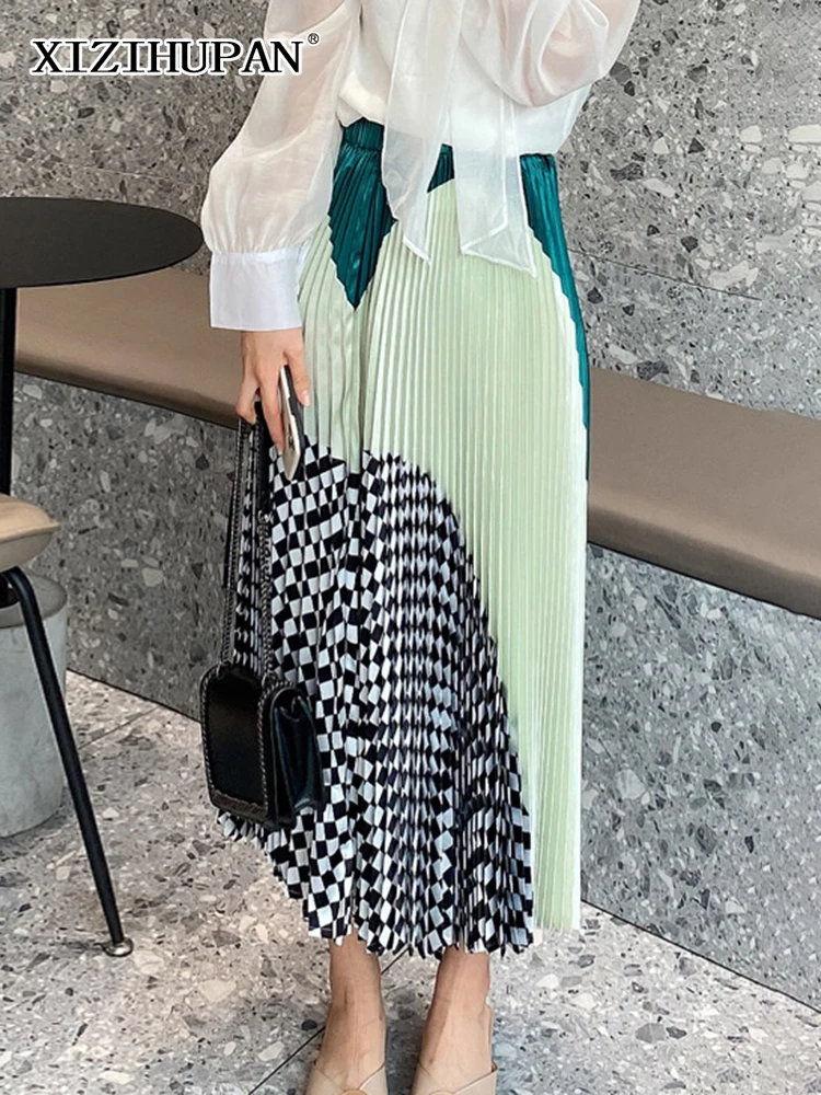 

Повседневная плиссированная юбка миди XIZIHUPAN с цветными блоками для женщин, свободная трапециевидная юбка с высокой талией и принтом, Женска...