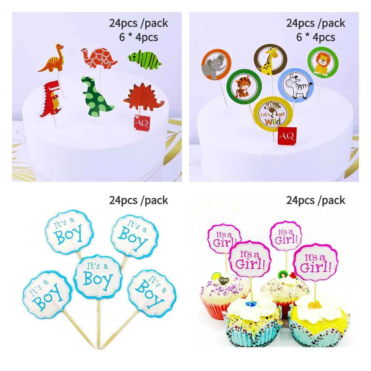 

24pcs Forest Animals Happy Birthday Party Cake Topper Kids Favors Decorate Cupcake Toppers Monkey Elephant Baby Shower Supplier