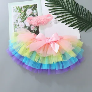 Baby Girls Tulle Tutu Bloomers Infant Newborn Rainbow Skirt Diapers Cover 2pcs Short Skirts+Headband