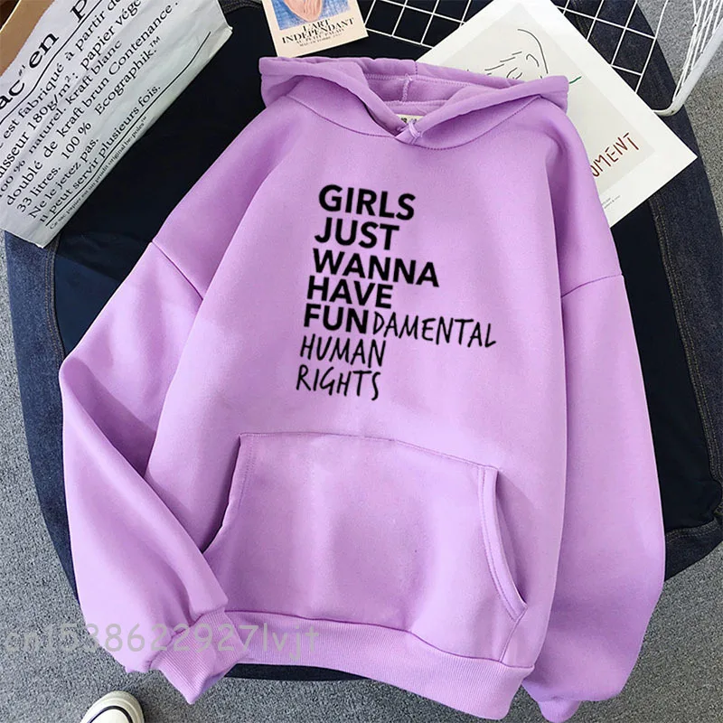 

Letter Print Hoodies Loose Sweatshirts Pullovers Feminist Feminism Women Girls Just Wanna Have Fundamental Human Rights