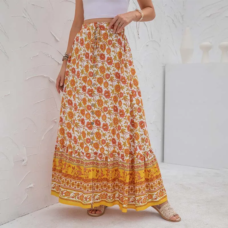

2021 Bohemian Printed Skirt For Women Summer High Waist Button Bandage Split Female Vintage Casual Holiday Maxi Skirt