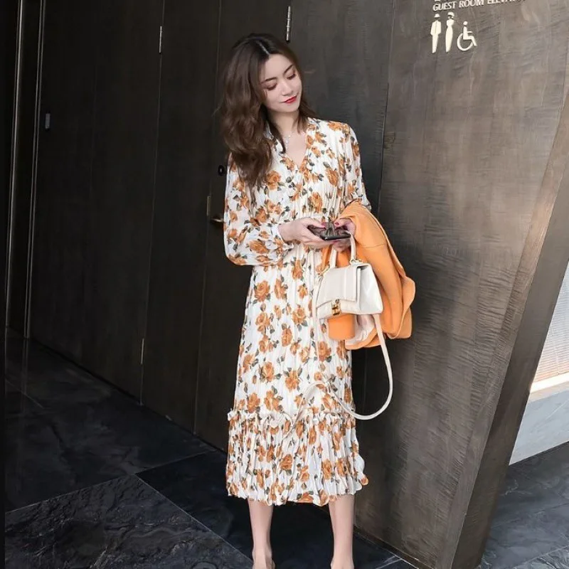 

Spring Autumn Yellow Floral Dress Women Long Sleeve Chiffon Floral Fairy Dress Female V-neck Ruffles Long Dress Women