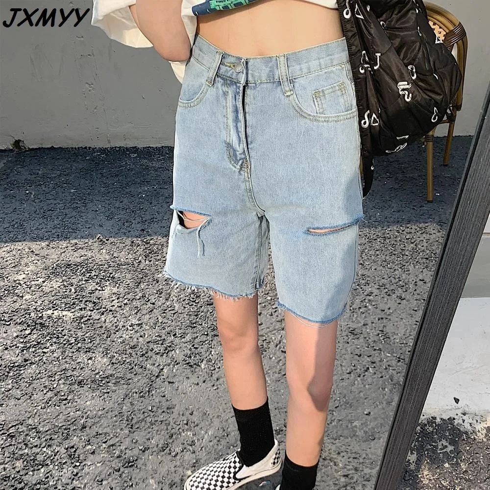 

High waist denim shorts women's five-point pants 2021 summer new loose and thin Korean version of A-line wide-leg pants tide