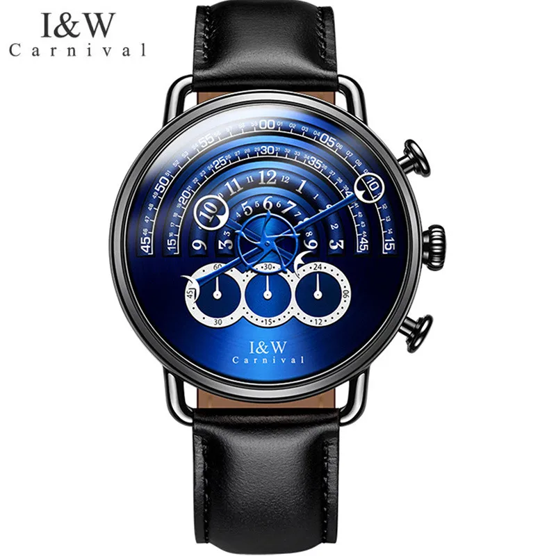 CARNIVAL Brand Fashion Watch Man Luxury Waterproof Leather Black Sapphire Chronograph Sport Quartz Wristwatch Relogio Masculino