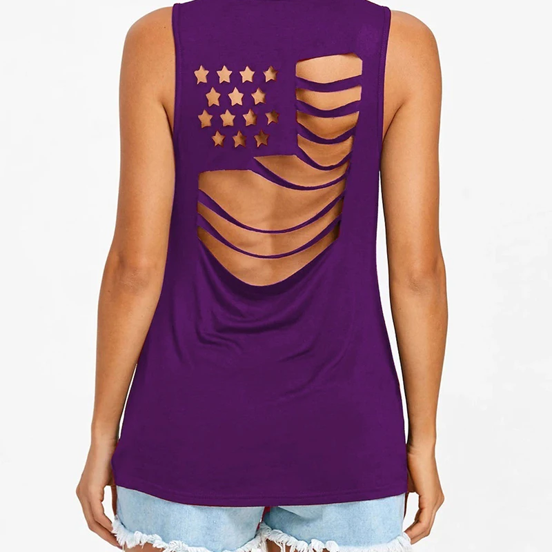 

Summer Women O-Neck Tank Top Baisc Camis Casual Sleeveless Vest Female Loose Hollow Out American Flag Sexy Fashion