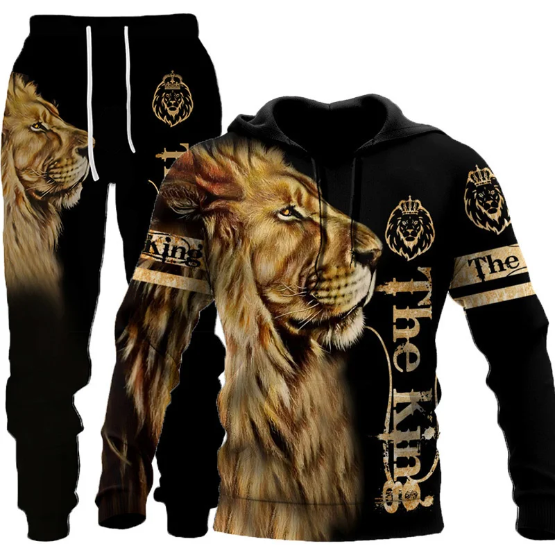 

New Animal 3D Lion King Printed Hoodie + Pants Suit Cool Women 2 Pcs Sportwear Tracksuit Set Autumn And Winter Men's Clothing