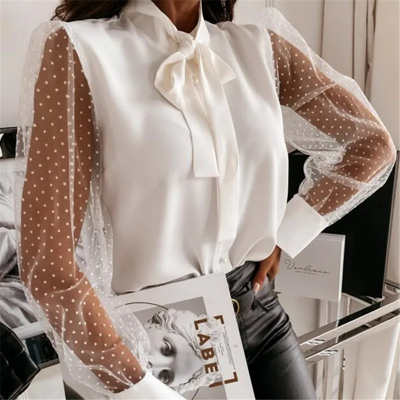 

Women Shirt Summer Autumn Long Sleeve Mesh Stitching Button Top Blouse Elegant Tops And Blouses 2021 New Casual Ladies Clothes