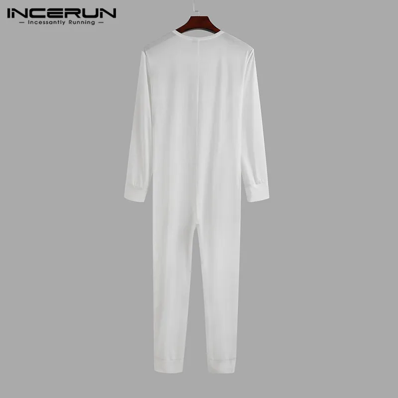 Leisure Mens Summer Pajamas Jumpsuit Solid Nightwear Long Sleeve Button Sleepwear O Neck Fitness Homewear Rompers INCERUN S-5XL