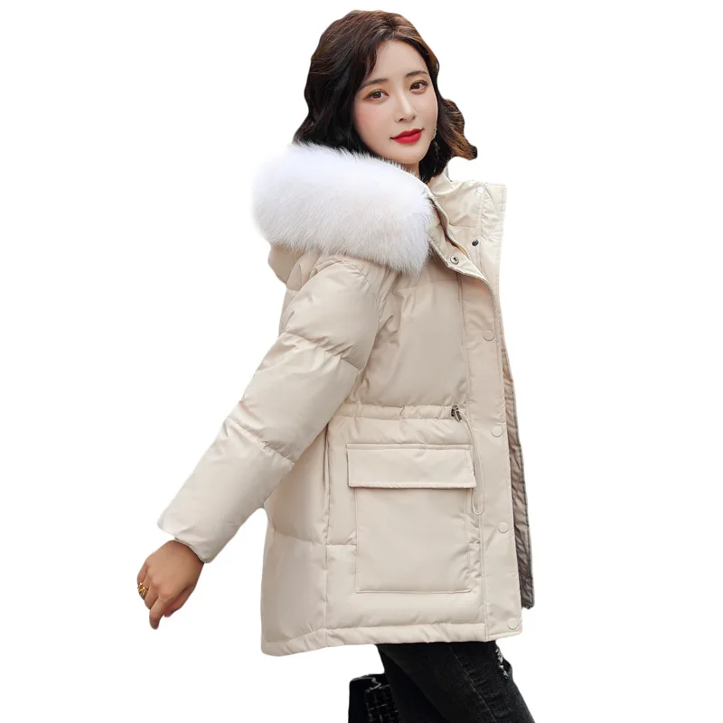 

Женское зимнее ветрозащитное теплое пальто средней длины с капюшоном и воротником из искусственного меха, куртка-пуховик с хлопковой подкл...
