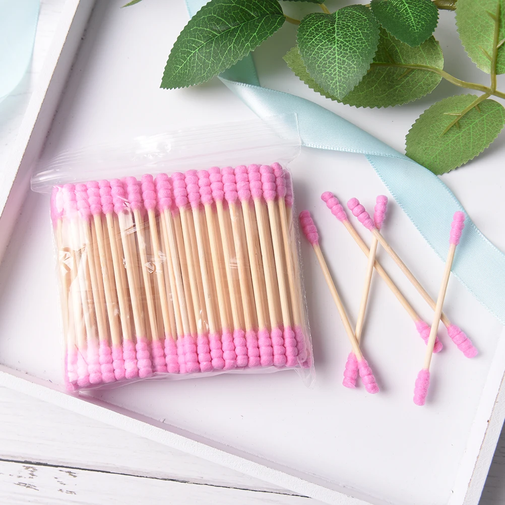 100PCS Double Head Ended Clean Cotton Buds Cosmetic Cotton Swab Stick Ear Clean Tools For Children Adult Pink Green images - 6