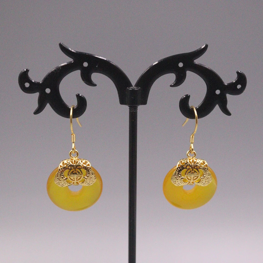 

New Arrival S925 Sterling Silver Earrings Lucky Yellow Chalcedony Circle Dangle Earrings 33x18mm