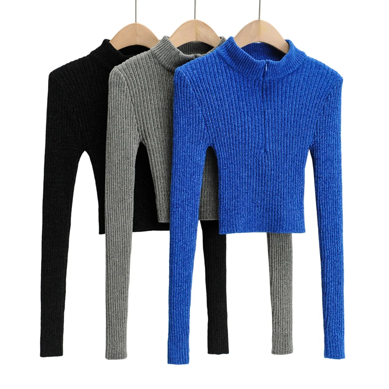 Long sleeve top fall clothes knitted sweater women korean style zipper up pullovers winter black half high collar sweater blue