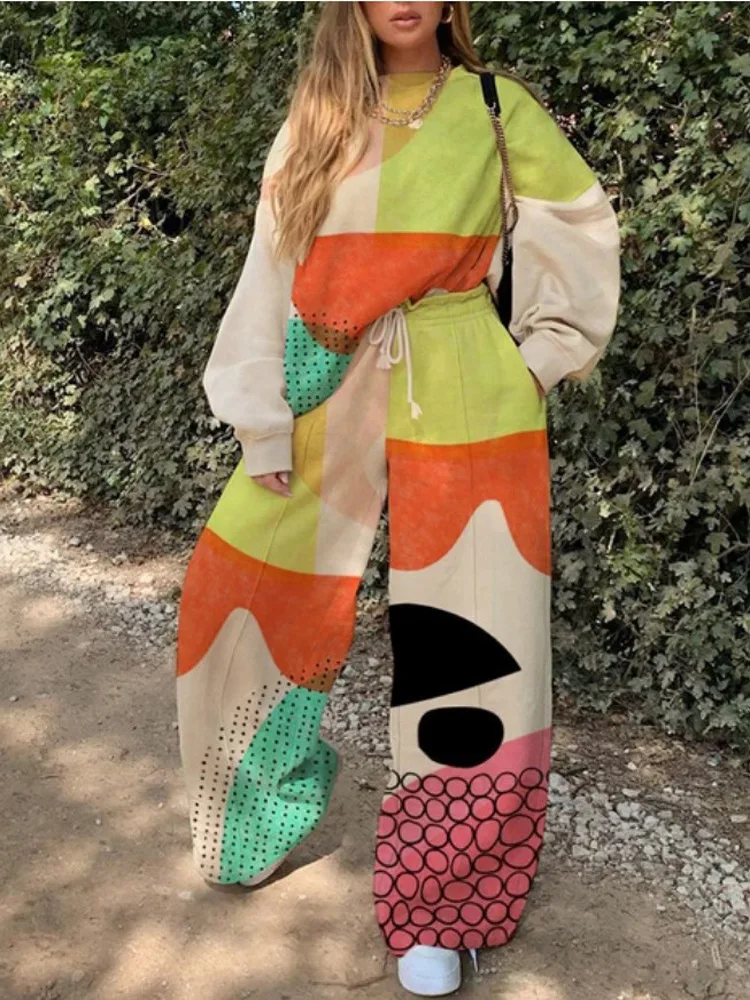 

Abstract Printed Two Piece Sets For Women Carton Suits O neck Sweatshirts Loose Pants Casual Streetwear Outwear Suits New 2021