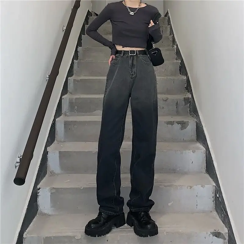 

2021 Spring Women's Jeans New Fashion Korean Ins Vintage High Street Hip-hop Female Harajuku Gradient Straight Loose Casual