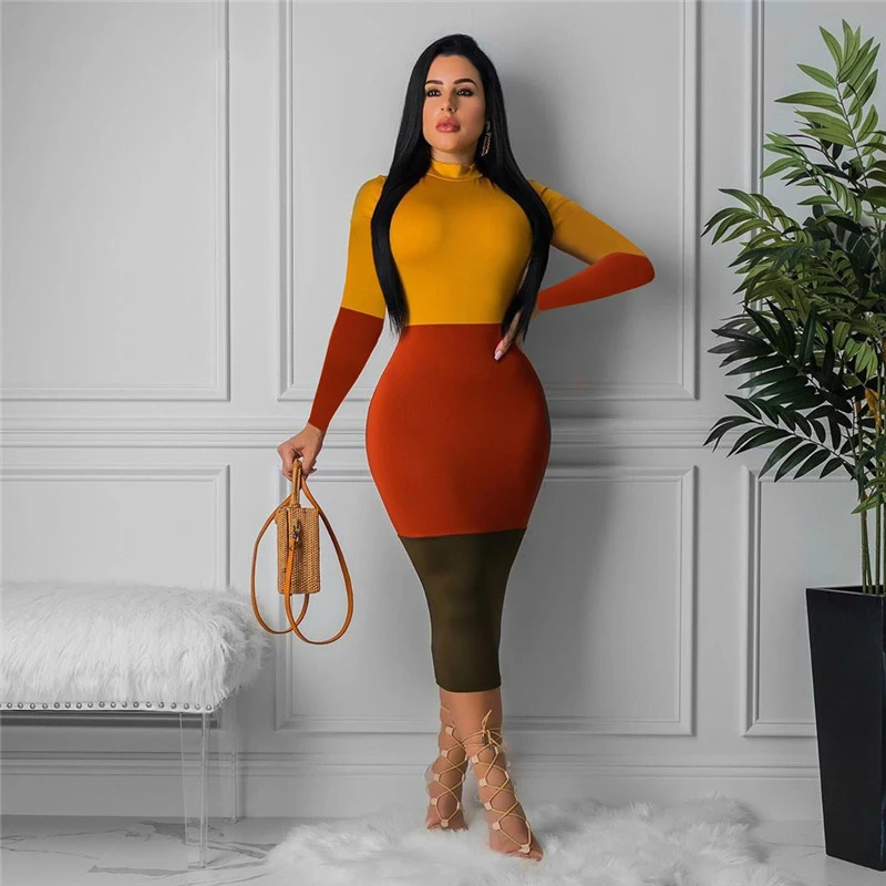 

Women Color Block Patchwork Bodycon Dress Long Sleeve Sexy Silm Party Club Highstreet Vestidos Elegant Minimalist Female Clothes