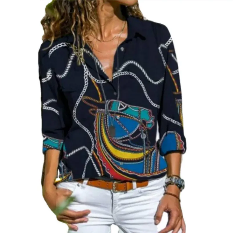 

Women's Printed Pocket Long-sleeved Blouses Shirt Ladies Fashion Casual Tops Plus Size Loose Shirt Women Clothing Loose Tops