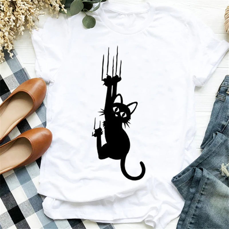 

Cartoon 90s Element Graphic T-shirt Women Funny Black Cat Mujer Camisetas Casual T-shirt Ladies Summer Short Sleeve Tops Tee