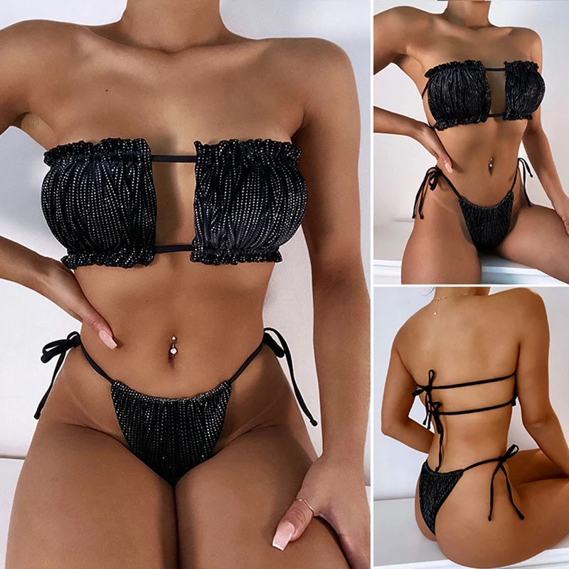 

Women's 2-Piece Sexy Pleated Hollow Bikini Black