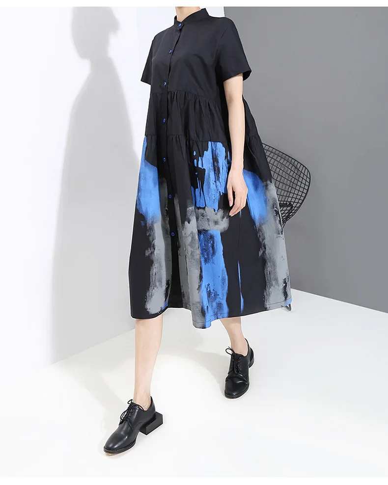 

Women Black Pattern Printed Dress New Stand Collar Short Sleeve Loose Fit Fashion Tide Spring Autumn 2021 1t451